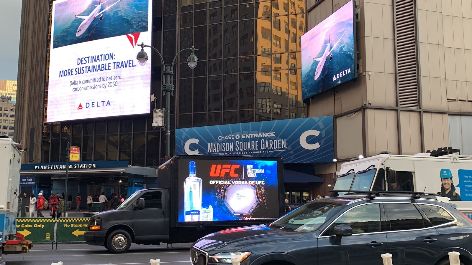 Cant Miss US's Billboard truck advertisement outside Madison Square Garden, New York City, advertises New Amsterdam Vodka UFC's official vodka.